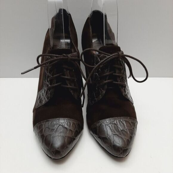 REBECCA BLUE Lace-up High Cone Heels Suede & Patent Leather Shoes Sz 7.5 Eur 38 - Picture 5 of 16